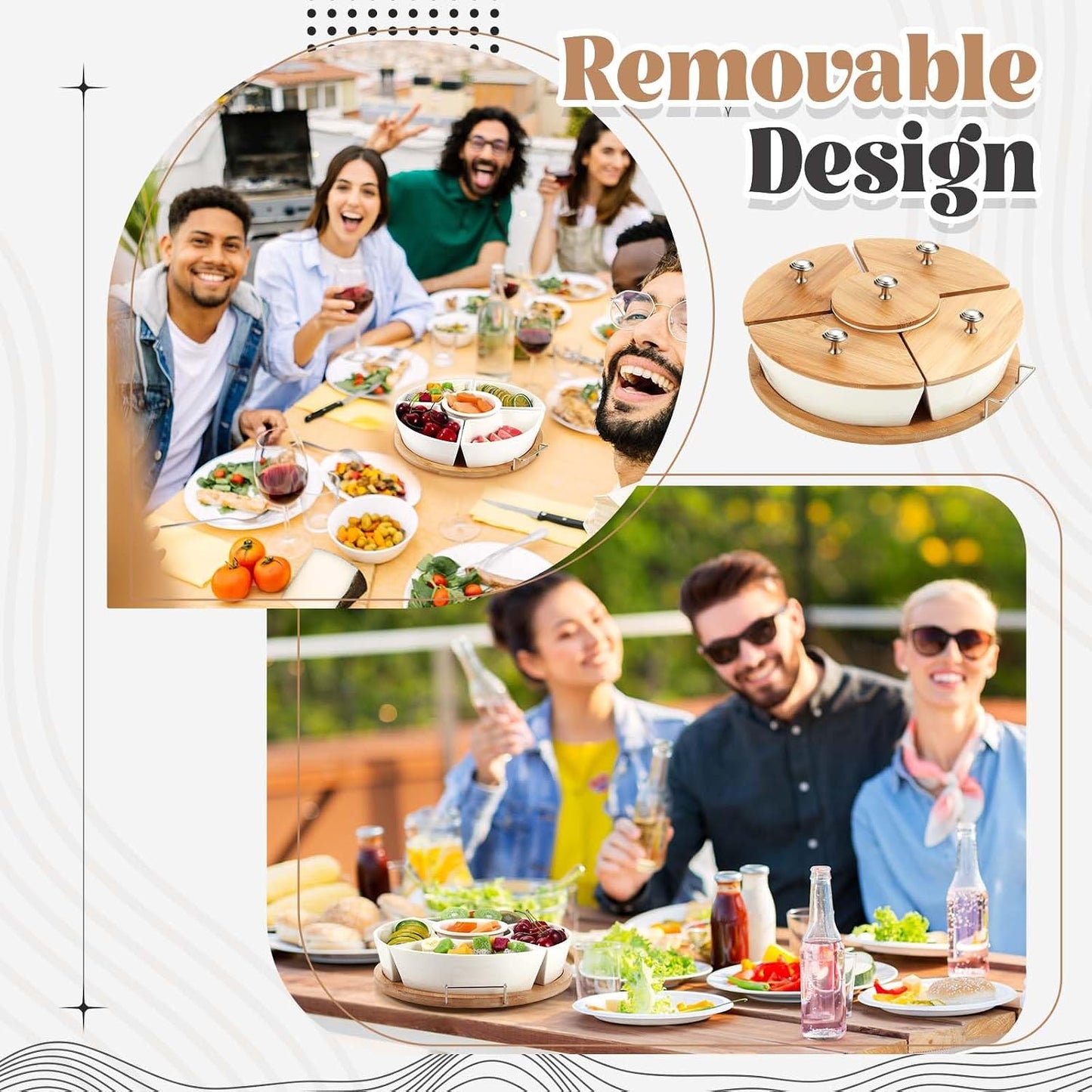 Rtteri 360° Rotatable Lazy Susan Serving Tray with Bowls 11.4'' Chip and Dip Serving Set, 5 Removable Compartment Divided Serving Dishes Ceramic Porcelain Taco Bar Platters and Trays for Party