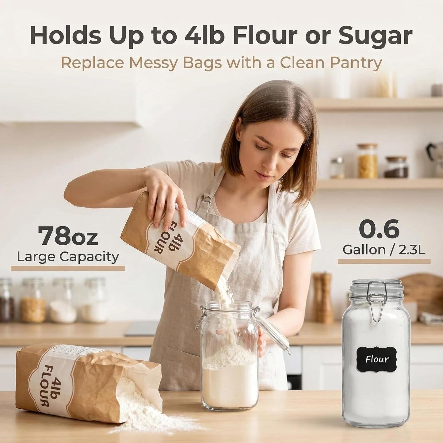 78oz Large Square Airtight Glass Jars with Lids, Wide Mouth Food Storage Canisters, Hold 4lb Sugar or 5lb Rice, Heavy Duty Pantry Containers for Flour, Coffee, Bulk Storage