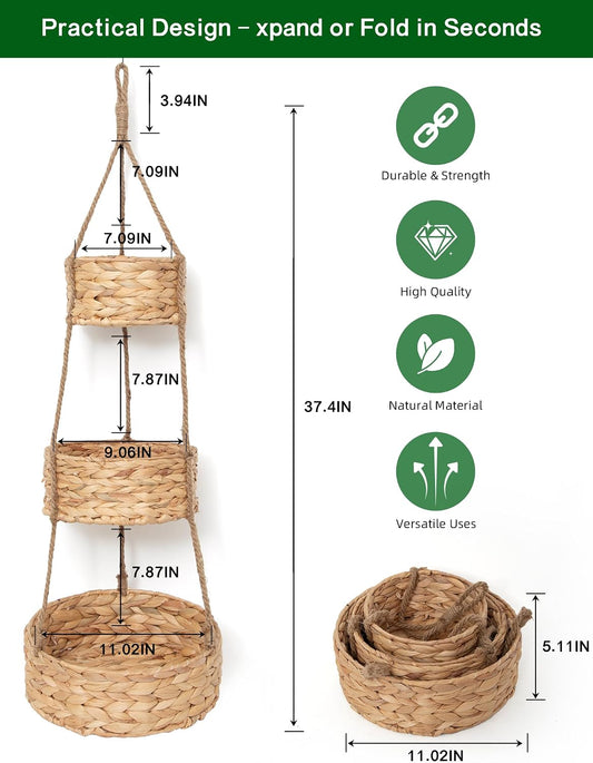 VerdantVibes Woven Wall Hanging Basket – 3-Tier Natural Water-Hyacinth Organizer for Boho Farmhouse Decor, Kitchen & Home Storage (37.4" x 11.2", Folds Flat)