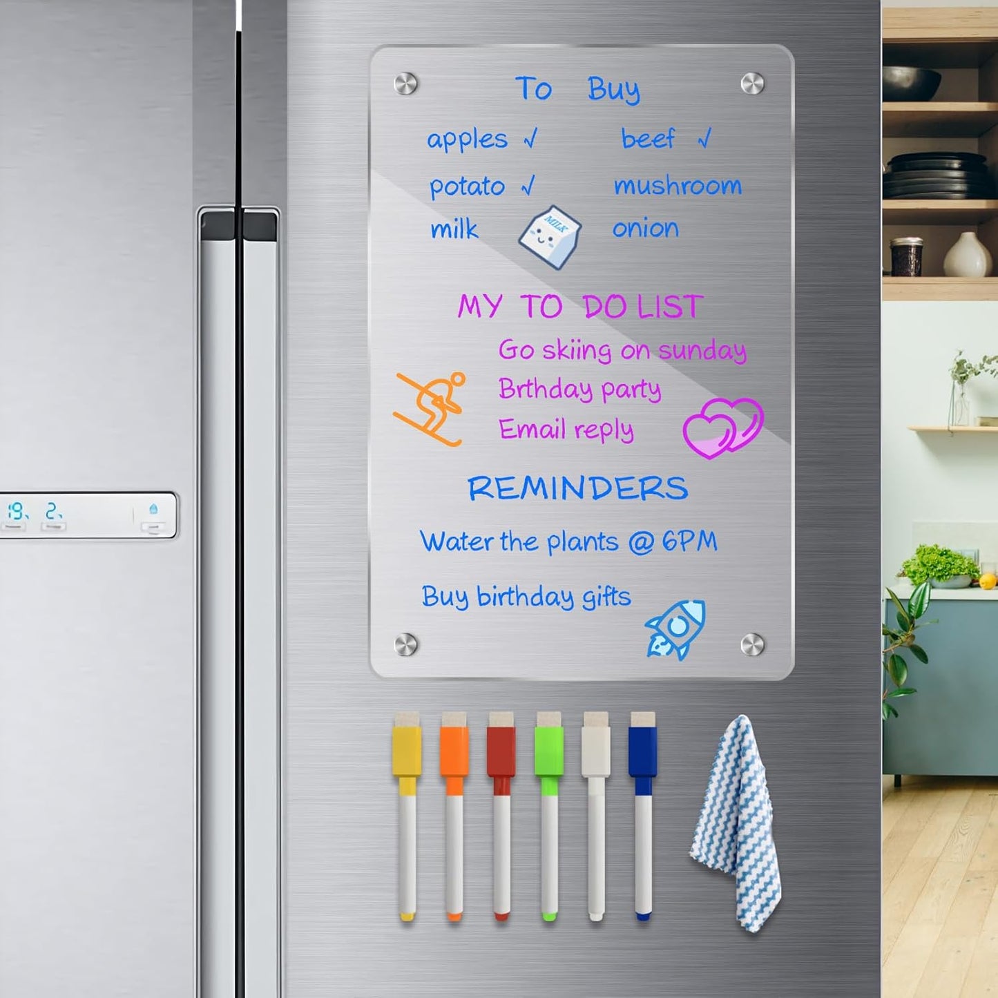 JonXon 8"X12" Acrylic Magnetic Menu Board for Kitchen,Acrylic Weekly Calendar for Fridge,Clear Meal Planner for Refrigerator,Magnet Fridge Menu Planner with 6 Magnetic Erasable Markers