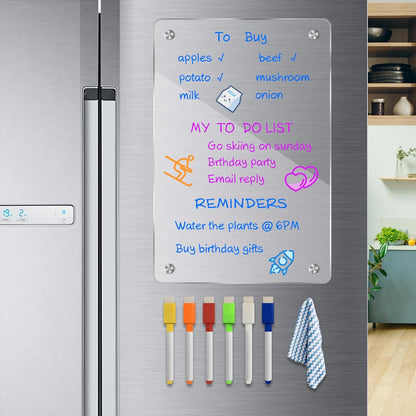 JonXon 8"X12" Acrylic Magnetic Menu Board for Kitchen,Acrylic Weekly Calendar for Fridge,Clear Meal Planner for Refrigerator,Magnet Fridge Menu Planner with 6 Magnetic Erasable Markers