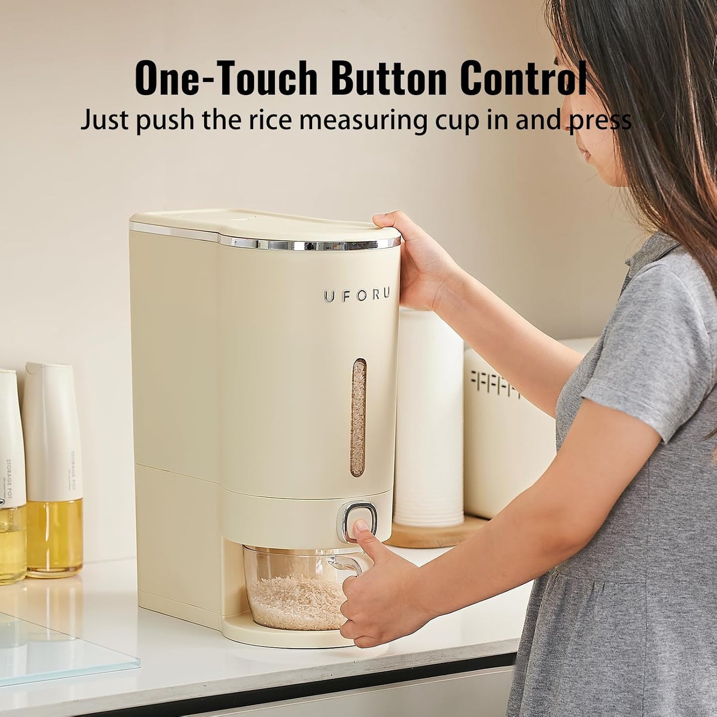 UFORU Rice Dispenser, Rice Storage Container with Measuring Cup for Kitchen Pantry Household, Dry Food Storage Containers Airtight, Sealed Moisture Proof (White 13Lbs)