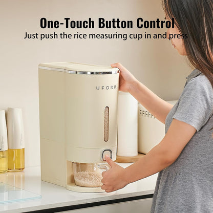 UFORU Rice Dispenser, Rice Storage Container with Measuring Cup for Kitchen Pantry Household, Dry Food Storage Containers Airtight, Sealed Moisture Proof (White 13Lbs)