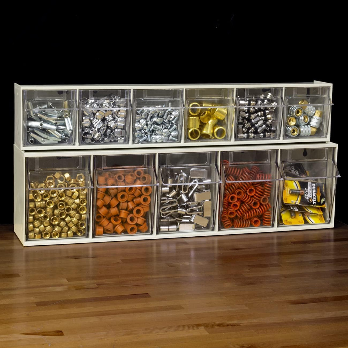 Akro-Mils TiltView Plastic Storage Cabinet with 6 Tilt Out Bins, Horizontal Organizer, Teacher Toolbox, and Office Supply Organizer, 23-5/8" W x 3-1/2" H x 3-3/4" D, Stone