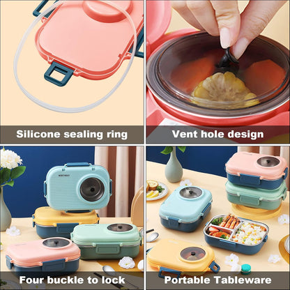 3 Compartments Bento Lunch box with Soup Bowl, Insulated Lunch Bag and Portable Utensils, Stainless Steel Camera Lunch Containers，Leak Proof Bento Box for Kids Adults Men Women…