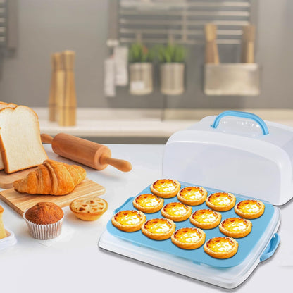 2in1 Cupcake Carrier and Cake Keeper with Lid, Rectangle Pie Carrier,Large Portable Storage Container for Storing 12 Cupcakes or 1 Large Cake (Blue)