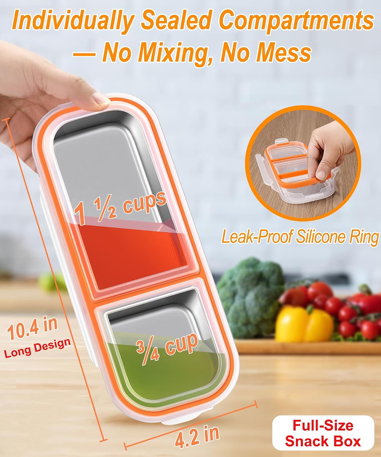 KTKUDY Stainless Steel Snack Container for Kids & Adults - Large - Leak-Proof 3-Compartment Stackable Snack Lunch Box for Daycare, School, Work & Travel