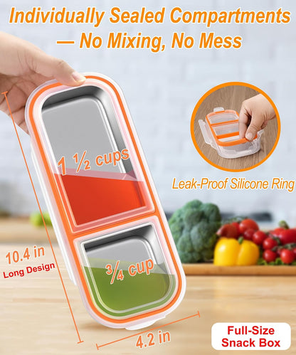 KTKUDY Stainless Steel Snack Container for Kids & Adults - Large - Leak-Proof 3-Compartment Stackable Snack Lunch Box for Daycare, School, Work & Travel