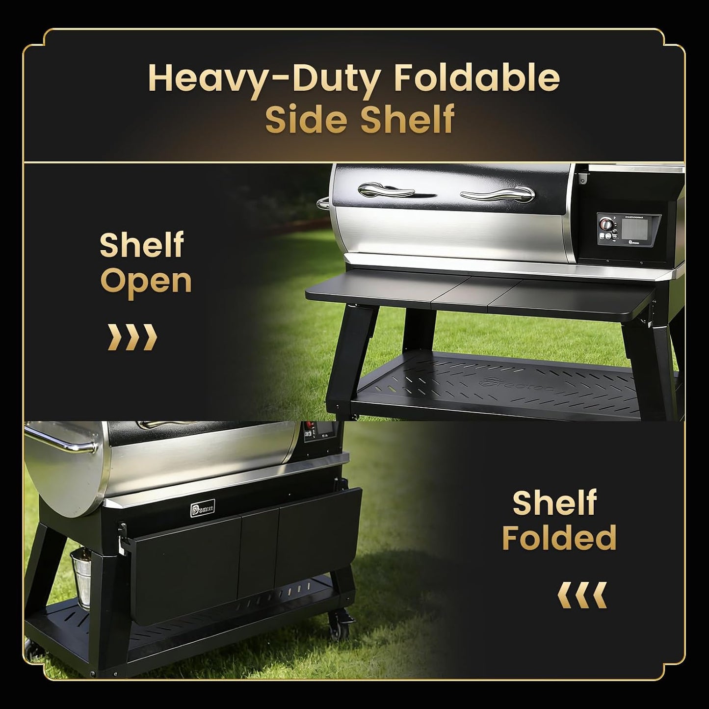 QuliMetal Folding Front Shelf for Traeger Pro 34, Texas Elite 34, Century 885 and Eastwood 34, 37" x 12" Heavy-Duty Grill Prep Table with Cutting Board, Stainless Steel Basin, Lid and 5 Hooks