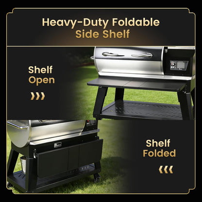 QuliMetal Folding Front Shelf for Traeger Pro 34, Texas Elite 34, Century 885 and Eastwood 34, 37" x 12" Heavy-Duty Grill Prep Table with Cutting Board, Stainless Steel Basin, Lid and 5 Hooks