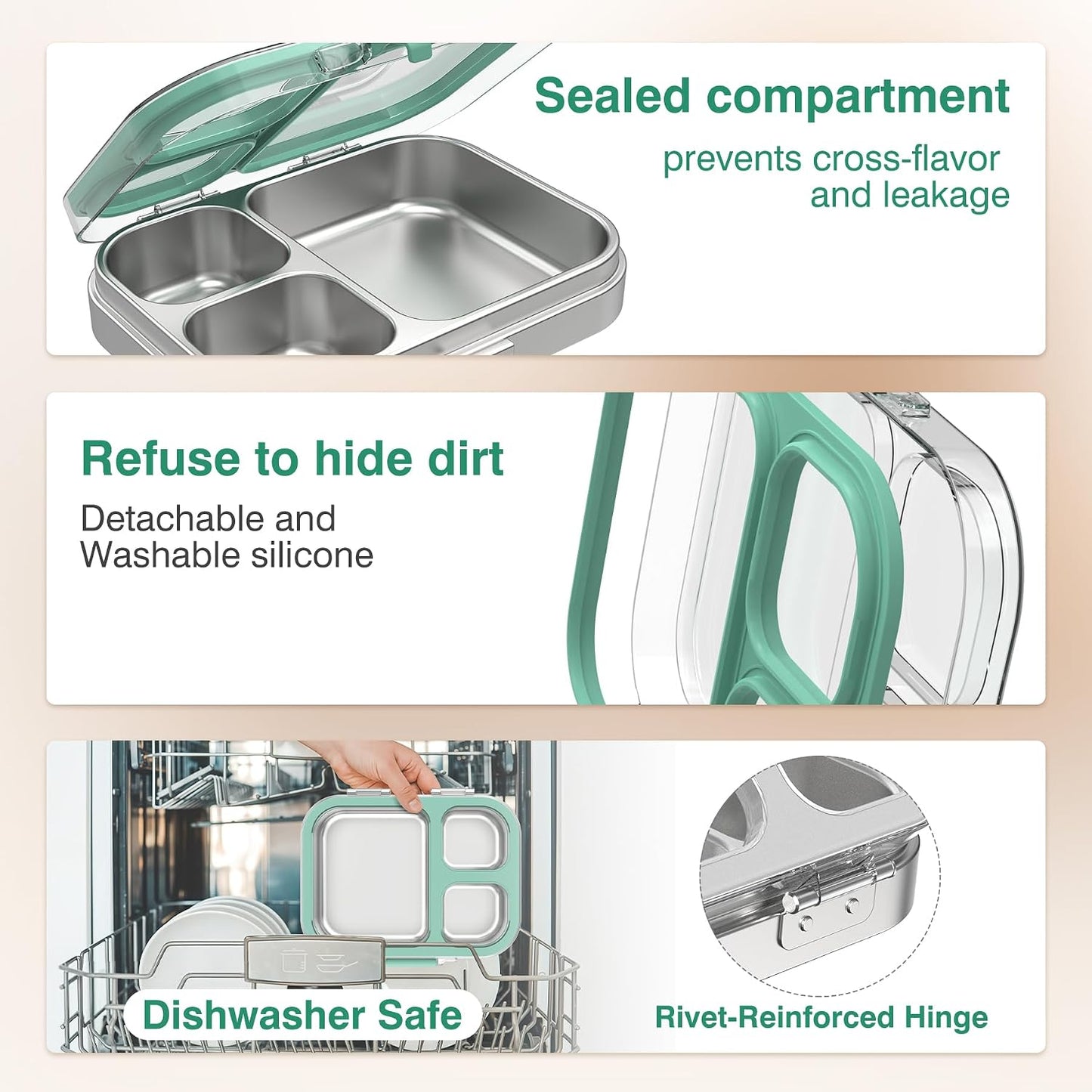 HOMEKOL Stainless Steel Bento Lunch Box, 3-Compartment Leak-Proof Lunch Container for Kids & Adults, BPA/BPS-Free 304 Metal Food Box, Dishwasher Safe, Clear Tritan Lid, Green (Not Insulated)