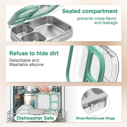 HOMEKOL Stainless Steel Bento Lunch Box, 3-Compartment Leak-Proof Lunch Container for Kids & Adults, BPA/BPS-Free 304 Metal Food Box, Dishwasher Safe, Clear Tritan Lid, Green (Not Insulated)