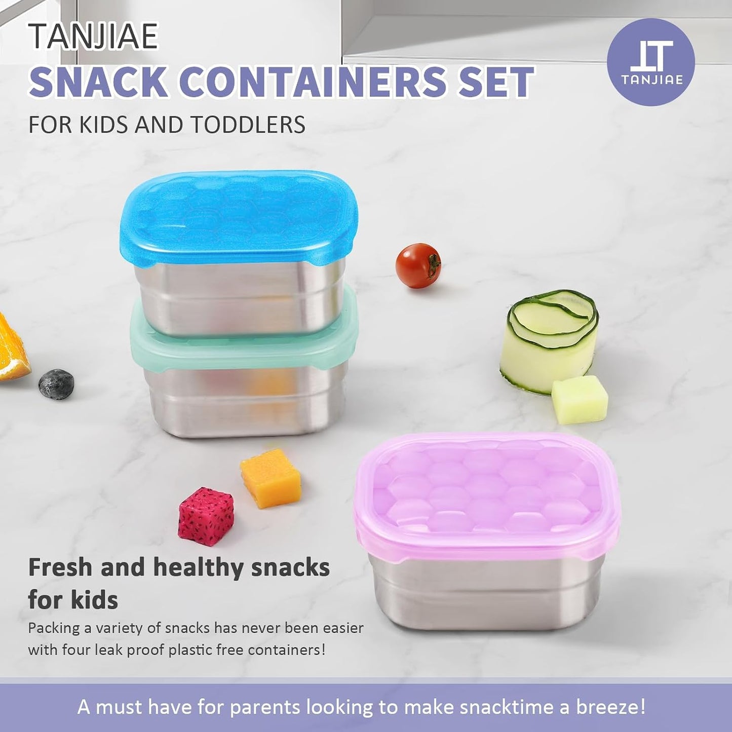 Tanjiae Small (1 CUP) Stainless Steel Snack Containers for Kids | Easy Open Leak Proof Food Containers with Silicone Lids - Perfect Metal Toddler Lunch Box for Daycare and School (8oz)