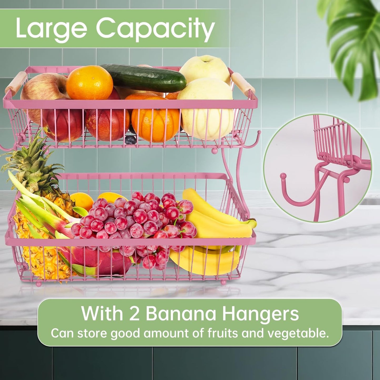 Fruit Basket Bowl 2 Tier Detachable with 2 Banana Hangers, Fruit Stand Holder for Kitchen Countertop, Metal Wire Vegetable Storage Organizer, for Bread Snack Veggies Produce, Black