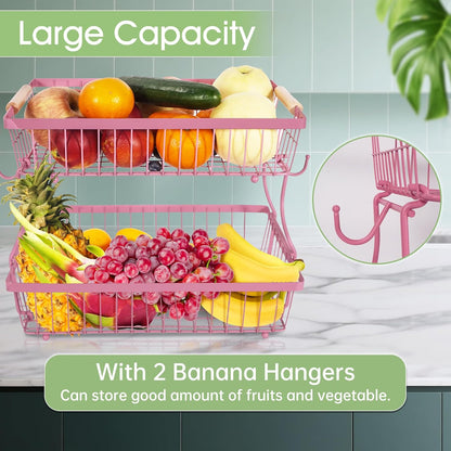 Fruit Basket Bowl 2 Tier Detachable with 2 Banana Hangers, Fruit Stand Holder for Kitchen Countertop, Metal Wire Vegetable Storage Organizer, for Bread Snack Veggies Produce, Black
