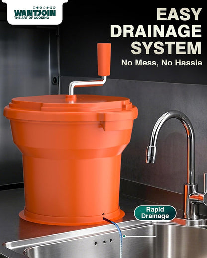 WantJoin Commercial Salad Spinner - [6 Gallon Salad Dryer] w/Silicone [Anti-slip Mat] & [Draining Hose], 24Qt Manual Salad Spinner for up to 7 Heads of Lettuce Spinner Large for Catering, Orange