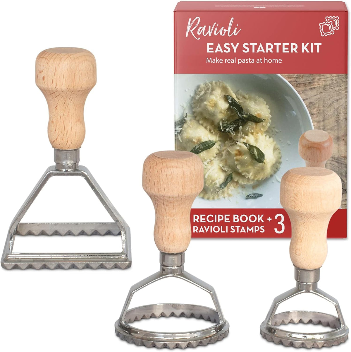 Easy Ravioli Maker Cutter Kit | 3 Ravioli Mold Pasta Gift Set + Cookbook | Ravioli Press Guide to Making Ravioli and Stamp Stuffed Pastas like Tortellini + Recipes for Classic Fillings and Sauces
