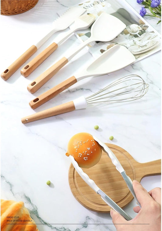 12-Piece Silicone Kitchen Utensil Set with Wooden Handles & Storage Holder, BPA-Free Heat Resistant Non-Stick Cooking Tools for Frying, Baking & Serving (Ivory White)