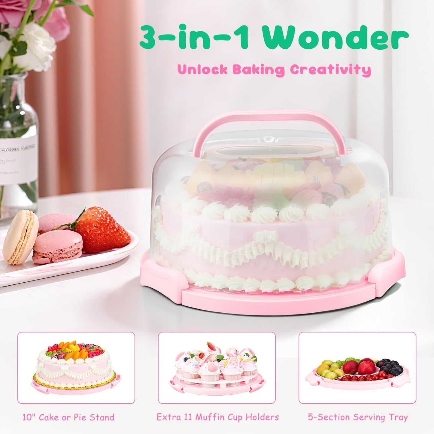 Cake Carrier With Lid And Handle, Bpa-Free Cake Holder With Lid For 10 Inch Round Cake Carrier With 10 pcs Round Golden Cake Boards And Portable Insulated Bag