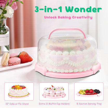 Cake Carrier With Lid And Handle, Bpa-Free Cake Holder With Lid For 10 Inch Round Cake Carrier With 10 pcs Round Golden Cake Boards And Portable Insulated Bag