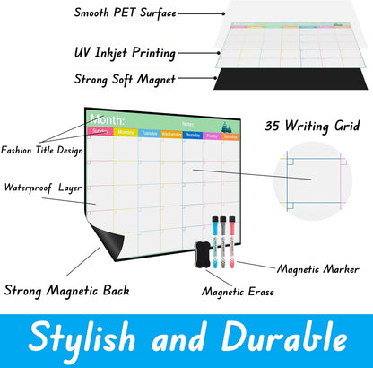 Magnetic Calendar Combo Set – 17x12” Magnetic Monthly & Weekly Dry Erase Calendar for Fridge, Family and Classroom Planning, Includes 3 Markers and Eraser