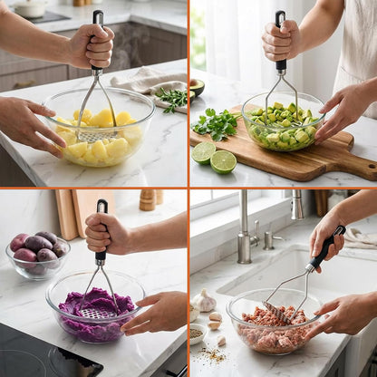 3-Piece Potato Masher & Peeler Set – 2 Stainless Steel Food Mashers + 1 Sharp Vegetable Peeler, Non-Slip Handles for Mashing Potatoes, Avocado, Beans, Veggies & Fruit, Easy to Clean & Dishwasher Safe