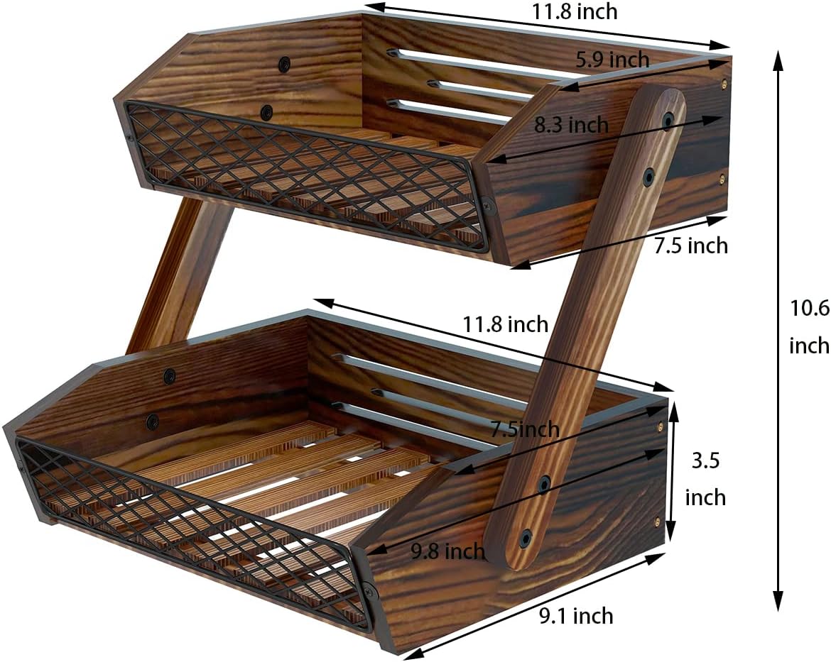 Dorhors Fruit Basket for Kitchen,Fruit Bowl,Kitchen Counter Organizer,Wooden Vegetable Holder for Countertop,Bread Storage Basket Stand(2 Tier)