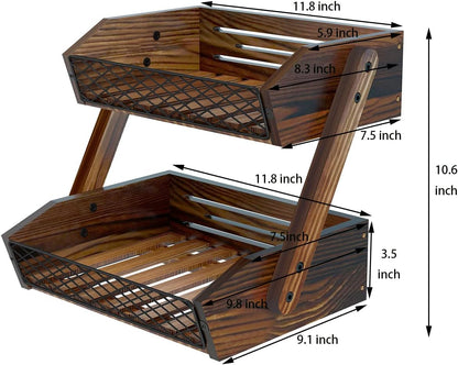 Dorhors Fruit Basket for Kitchen,Fruit Bowl,Kitchen Counter Organizer,Wooden Vegetable Holder for Countertop,Bread Storage Basket Stand(2 Tier)