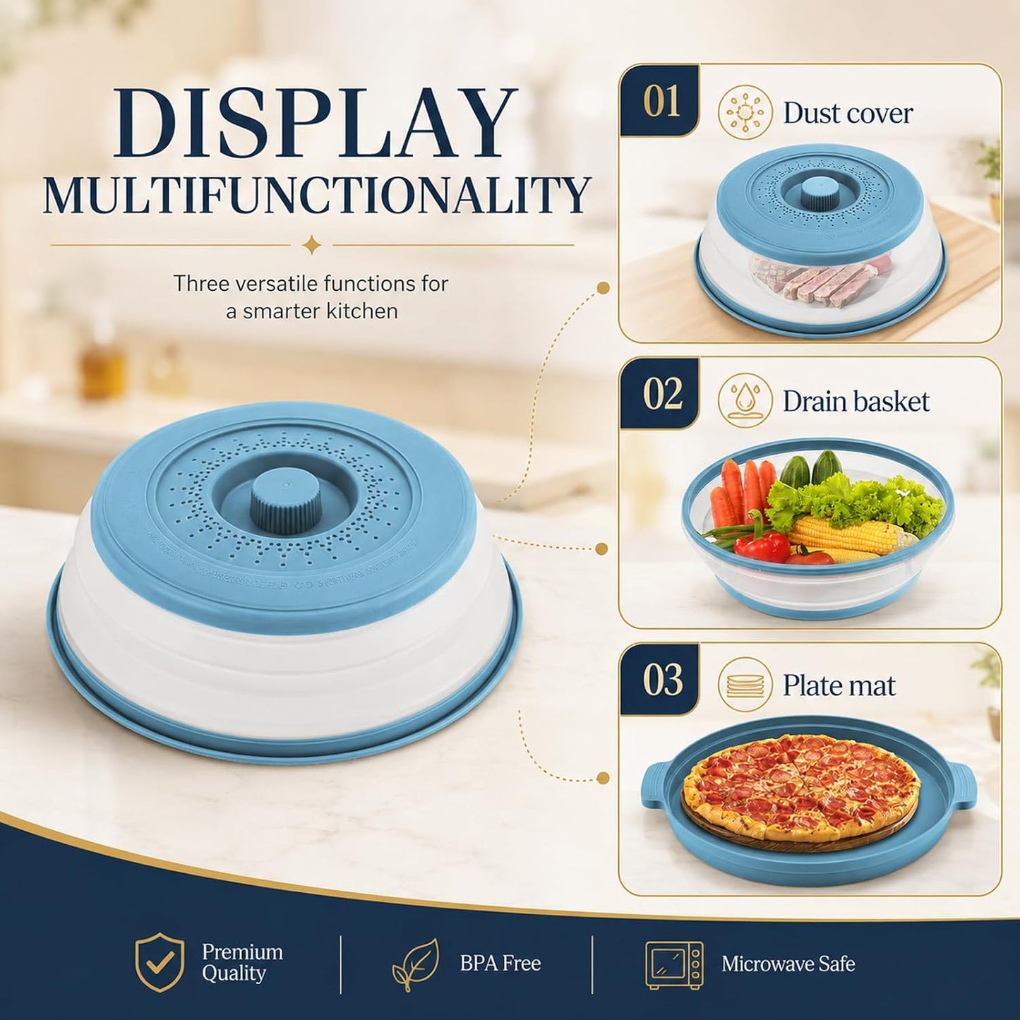 Microwave Splatter Cover for Food with Anti-scald Base Plate,Large Plastic & Silicone Vented Avoid Scalding Collapsible Guard Lid, Plate & Kitchen Colander for Meal Prep-10.7 Inch (2pcs-Gray-Black)