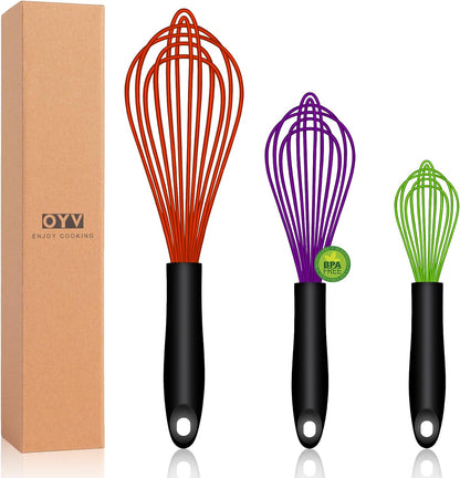 OYV Dishwasher Safe Silicone Whisk, Sealed Waterproof Design Set of 3, Professional Kitchen Whisks for Cooking Non-Scratch, Silicone & Stainless Steel Whisk, Heat Resistant Balloon Egg Beater, Black
