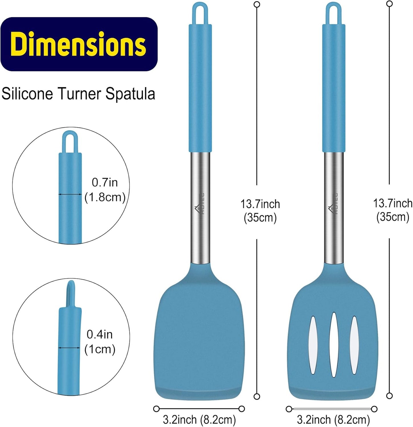 HOTEC Silicone Spatula Set of 2 Heat-Resistant 600°F & BPA-Free Kitchen SaptulaTurner with Stainless Steel Handles, Slotted & Solid Spatulas for Nonstick Cookware, 13.7 Inch, Classic Blue
