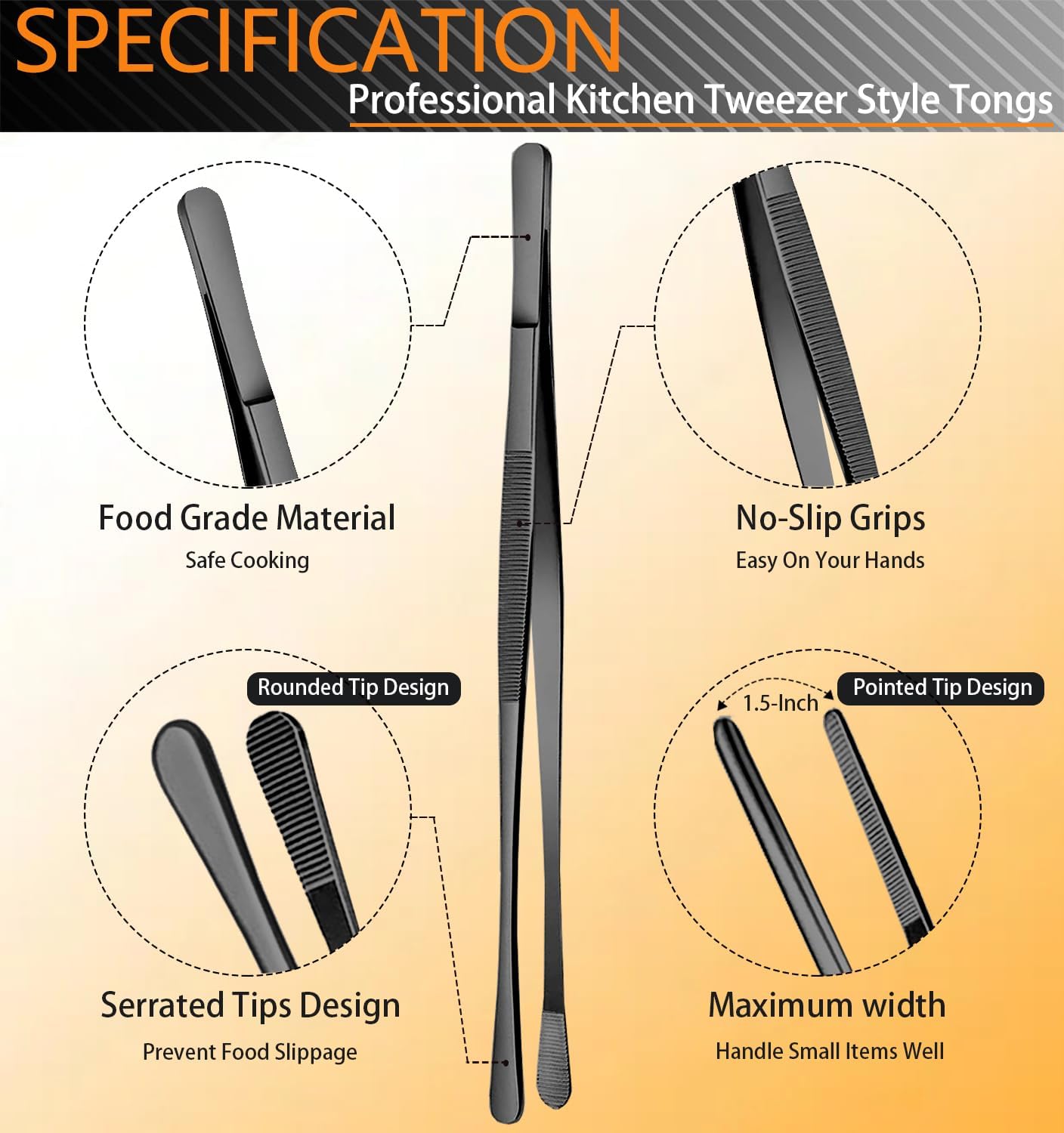 JETKONG 6 Pcs Cooking Tweezer Tongs, 12'' and 6.3" Stainless Steel Kitchen Tweezer Set, Professional Chef Tweezers for Cooking, Repairing, Sea Food, BBQ, Multi-use