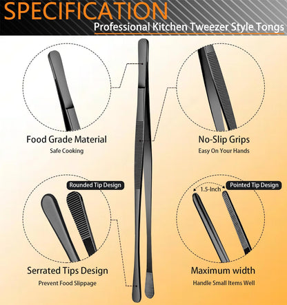 JETKONG 6 Pcs Cooking Tweezer Tongs, 12'' and 6.3" Stainless Steel Kitchen Tweezer Set, Professional Chef Tweezers for Cooking, Repairing, Sea Food, BBQ, Multi-use