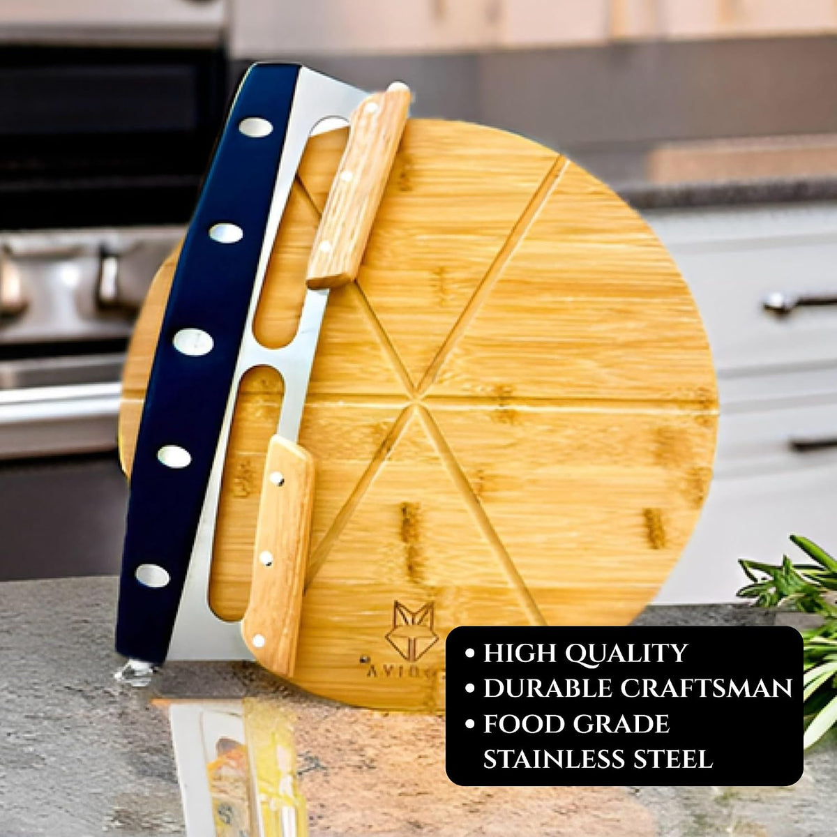Pizza Cutting Board & Pizza Cutter, 14" Pizza Board | Gift Pizza Set, Best Pizza Cutter Rocker Blade, Bamboo Pizza Cutting Board, Pizza Slicer, Pizza Serving Board,Pizza Rocker Knife For Cutting Pizza
