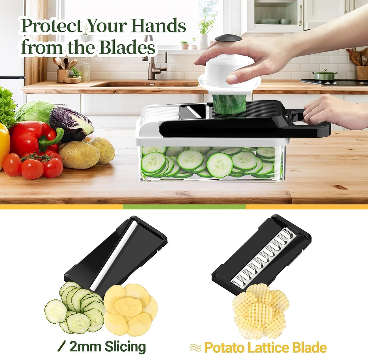 12-in-1 Vegetable Chopper 7 Blades, Veggie Cutter with Handle, Black/White