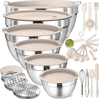 Umite Chef Thickened Heavy-Duty 26pcs Stainless Steel Bowl, Mixing Bowl Set with Lid, Grater Attachment, Colorful Non-Slip Bottom and Kitchen Gadget Set, Sizes 7, 4, 2.5, 2.0, 1.5, 1QT