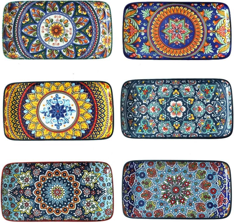 glowworm Porcelain Appetizer Plates Set of 6, 8.5 Inch Salad Plates for Sushi, Dessert, Rectangular Serving Platters, Serving Tray for Party, Kitchen, Microwave & Oven Safe, Bohemian