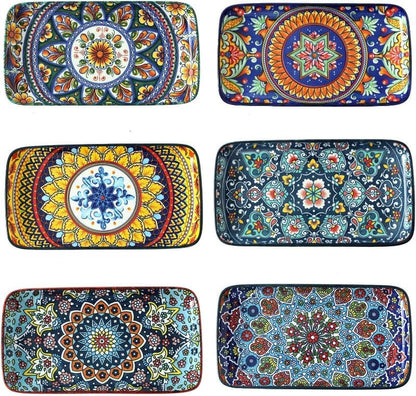 glowworm Porcelain Appetizer Plates Set of 6, 8.5 Inch Salad Plates for Sushi, Dessert, Rectangular Serving Platters, Serving Tray for Party, Kitchen, Microwave & Oven Safe, Bohemian