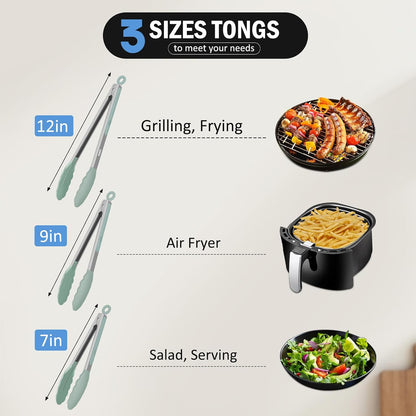 Kitchen Tongs, Stainless Steel Cooking Tongs with Silicone Tips, 600ºF High Heat-Resistant Non Scratch Locking Tongs for Cooking BBQ Grilling Air Fryer Pans, Set of 3 (7" 9" and 12") Black