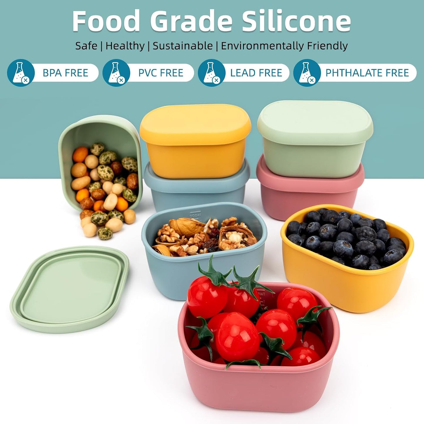 10oz(8pcs) Silicone Snack Containers Food Storage Containers, Reusable Small Snack Container with Lids, Stackable For Meal Prep,Fruit,Freezer