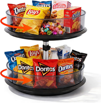 2 Tier Snack Carousel, Rotary Turntable Organizer for Snack Bar Organizer and Snack Display, Countertop & Under Sink Organizer for Snack Storage, Tray has Removable Dividers, Easy Assembly