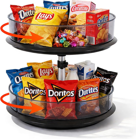2 Tier Snack Carousel, Rotary Turntable Organizer for Snack Bar Organizer and Snack Display, Countertop & Under Sink Organizer for Snack Storage, Tray has Removable Dividers, Easy Assembly