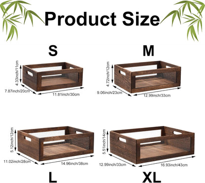 FillTouch 4 Pcs Wooden Nesting Countertop Baskets 4 Size Wooden Storage Box with Handle and Metal Wire Multipurpose Wood Organizer Crate for Fruit Vegetable Kitchen Cabinet Bathroom(Dark Brown,Small)