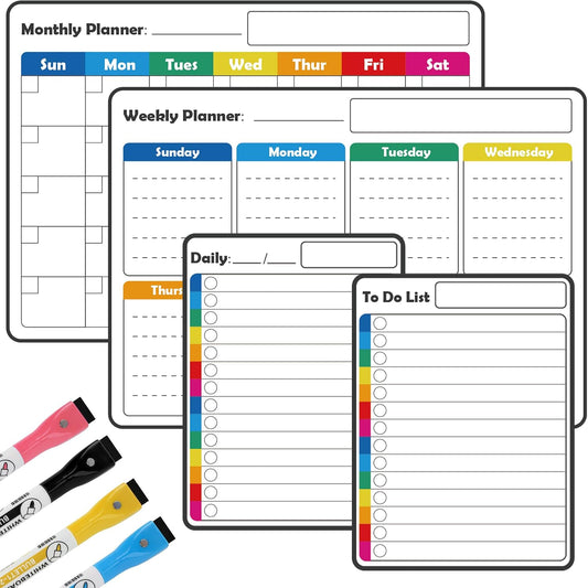 4+4Pcs Non-Magnetic Dry Erase Calendar Set with 4 Colored Marker Pens, Pletpet White Board Calendar Dry Erase for Non Magnetic Fridge, Smooth Wall and Glass