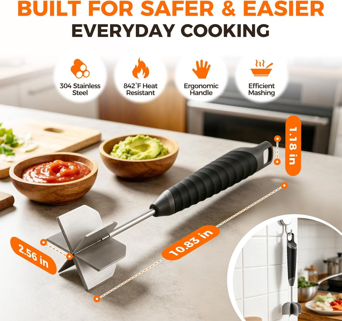 Meat Masher, 304 Stainless Steel Ground Beef Masher with Ergonomic Handle