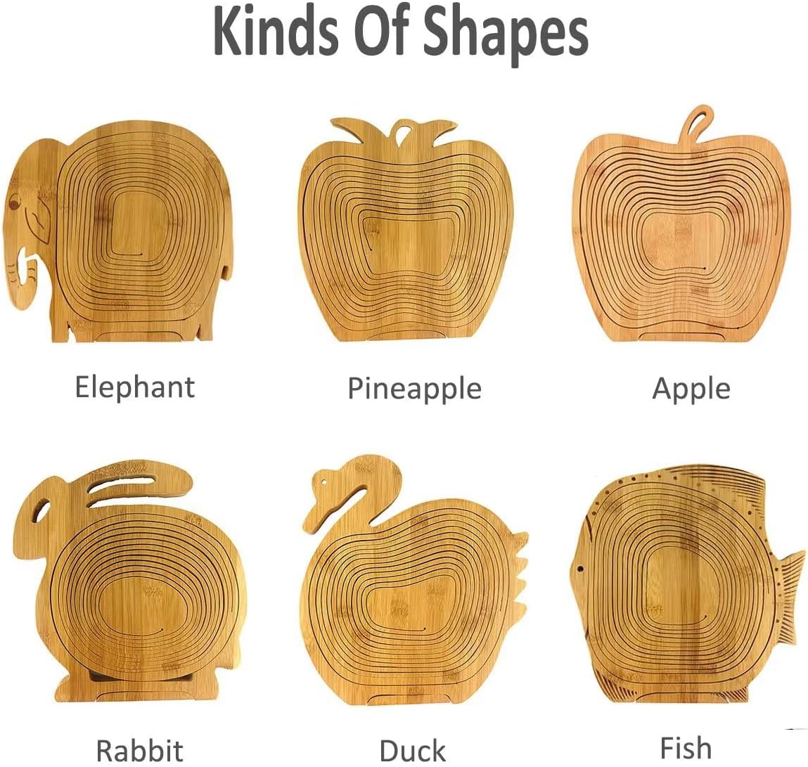 Foldable Bamboo Dried Fruit Basket Apple Shaped Collapsible Bread Nuts Baskets Candy Gifts Fruit Bowl Holder Wooden Snack Box for Kitchen Table