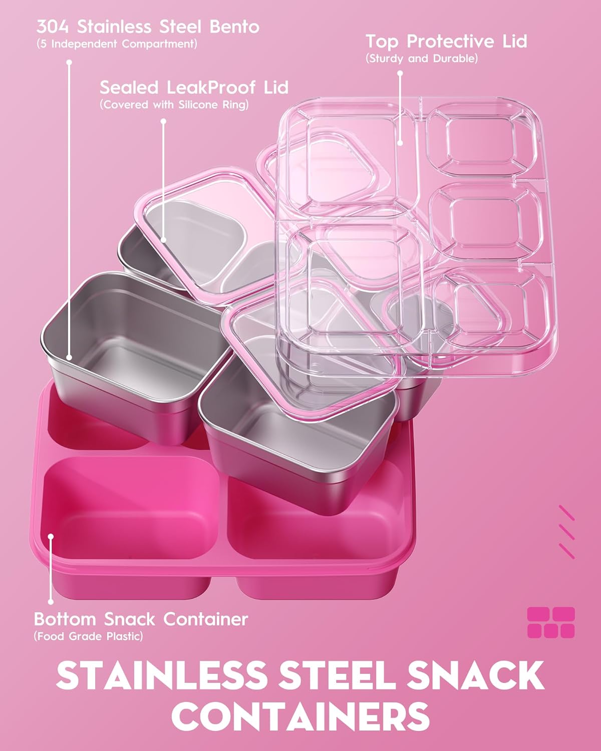 BiuLeon Snackle Box Containers, Stainless Steel 5 Compartments Divided Serving Tray with Lid, Removable LeakProof Portable Bento Box for Fruit Candy Nuts Food - School, Picnic and Travel（Blue）