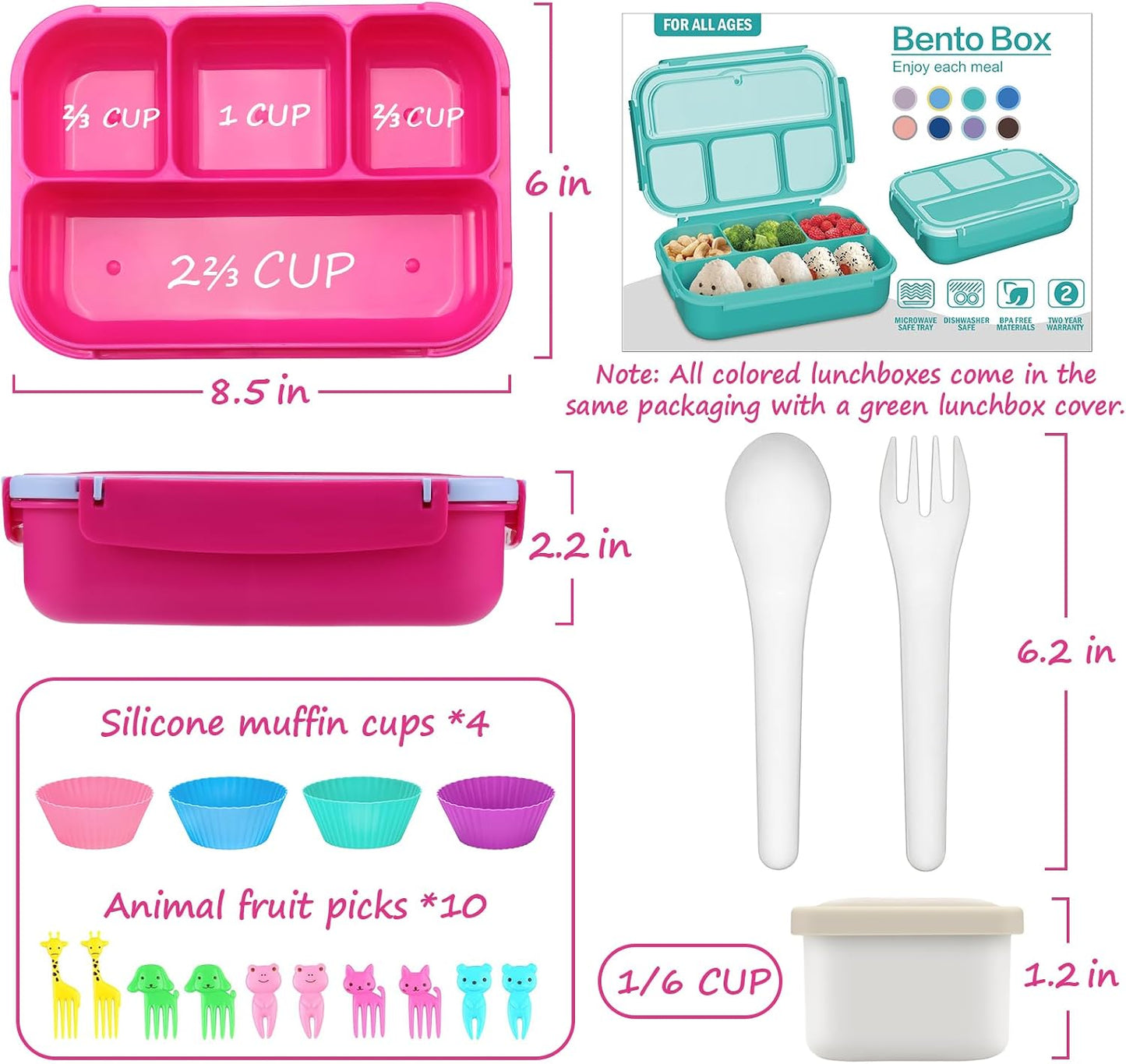 QQKO Bento Lunch Box for Kids Girls Boys, Toddler Kids Lunch Boxes for School, Lunch Containers for Adults with 4 Compartments, Sauce Container, Utensils, Food Picks and Muffin Cups, Purple