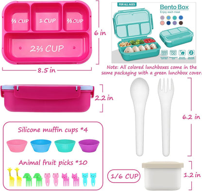 QQKO Bento Lunch Box for Kids Girls Boys, Toddler Kids Lunch Boxes for School, Lunch Containers for Adults with 4 Compartments, Sauce Container, Utensils, Food Picks and Muffin Cups, Purple