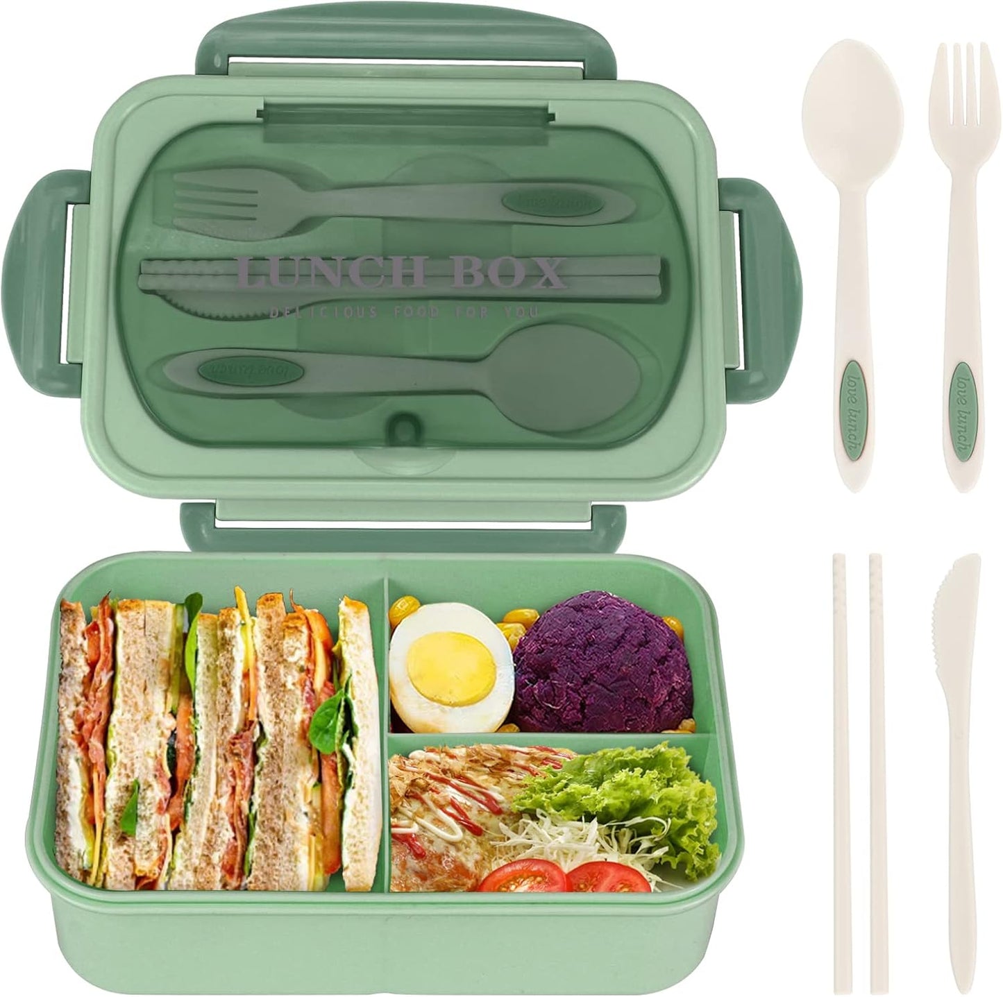 NatraProw Bento Box for Adult, 1200 ML Lunch Containers, LeakProof Lunch Box with Utensils, BPA Free, 3 Compartment Bento Box Microwave Safe, Khaki